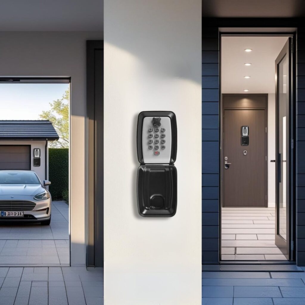 Boîte à clés SECUMAX installée à l’entrée d’un garage et d’une maison, idéale pour un accès sécurisé intérieur et extérieur.