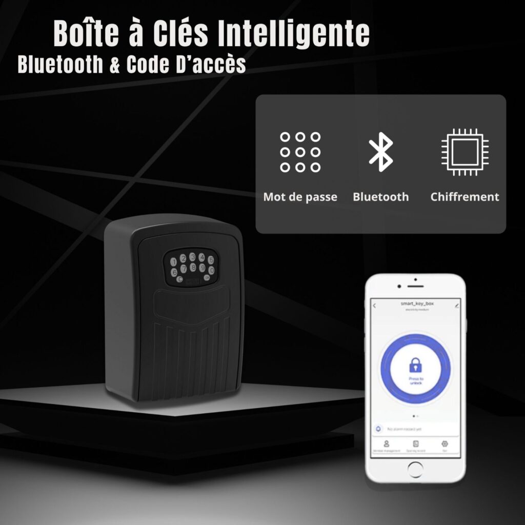 Boîte à clés intelligente avec mot de passe, connexion Bluetooth et chiffrement pour une sécurité optimale.