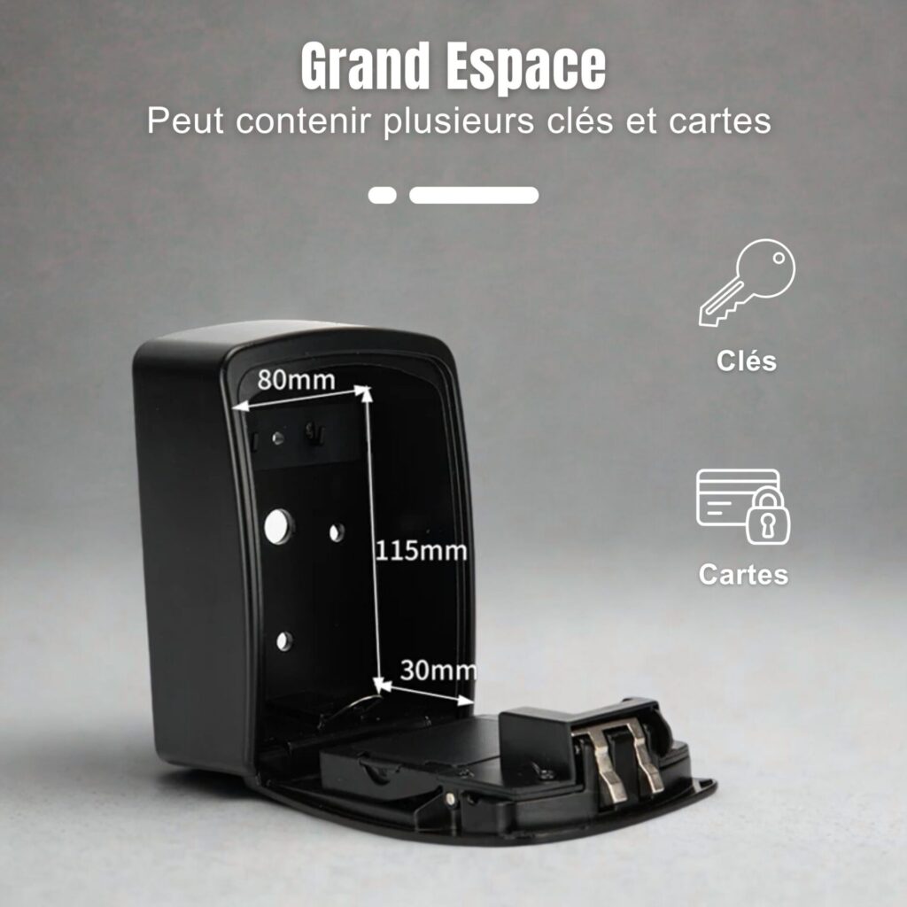 Boîte à clés SECUMAX avec grand espace de rangement intérieur, idéale pour stocker plusieurs clés et cartes en toute sécurité.