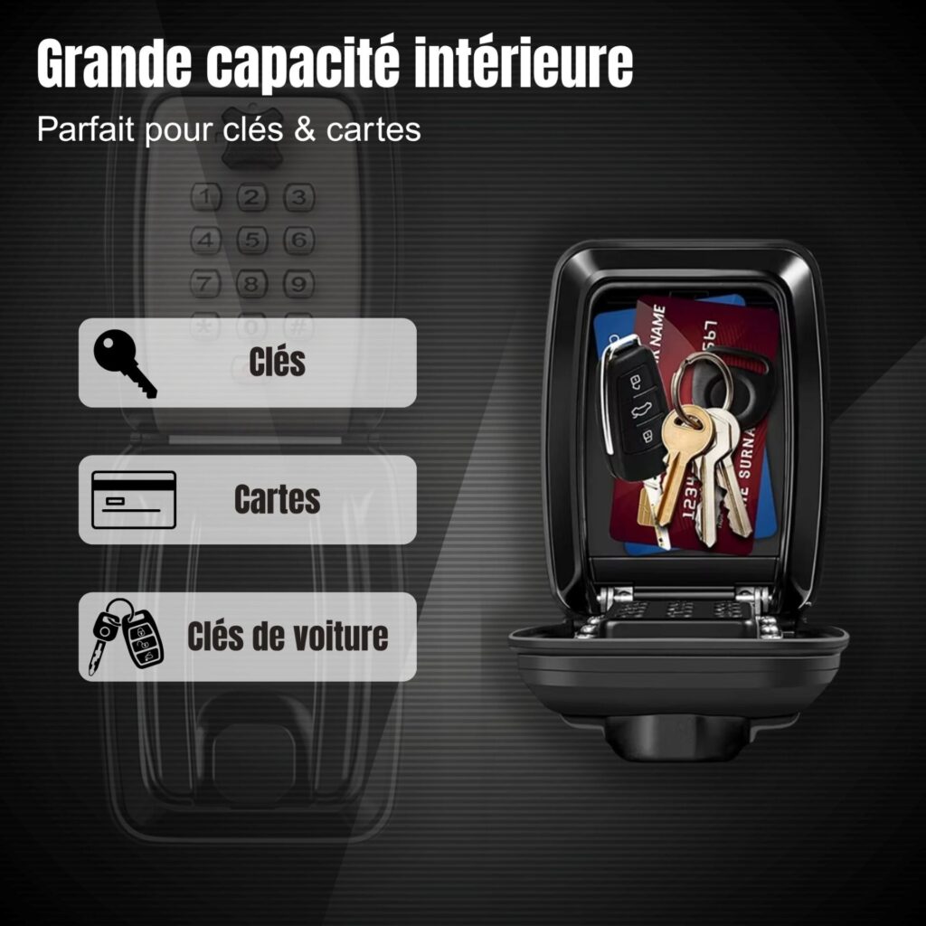 Boîte à clés SECUMAX avec grande capacité intérieure, parfaite pour clés, cartes et clés de voiture.