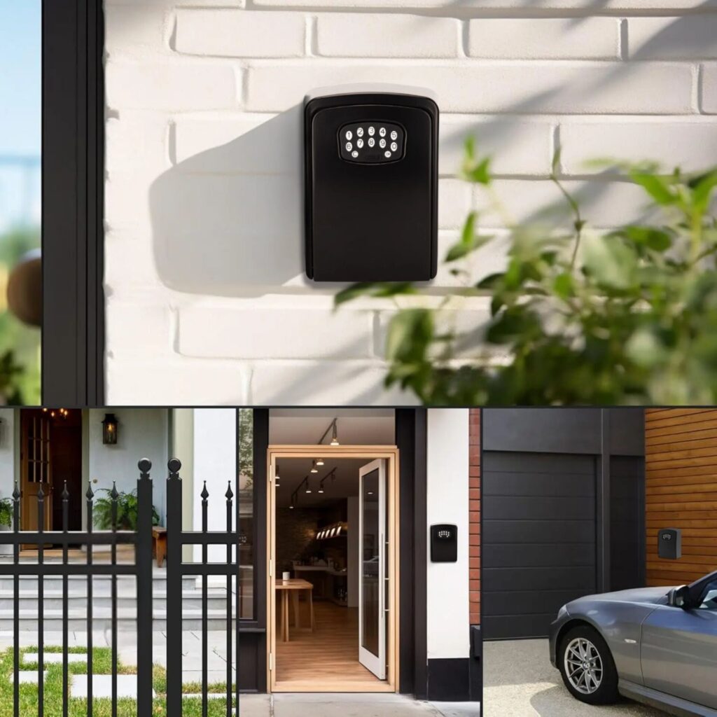 Boîte à clés intelligente installée à l’extérieur d’une maison, d’un portail et d’un garage, idéale pour tous types d’accès sécurisés.