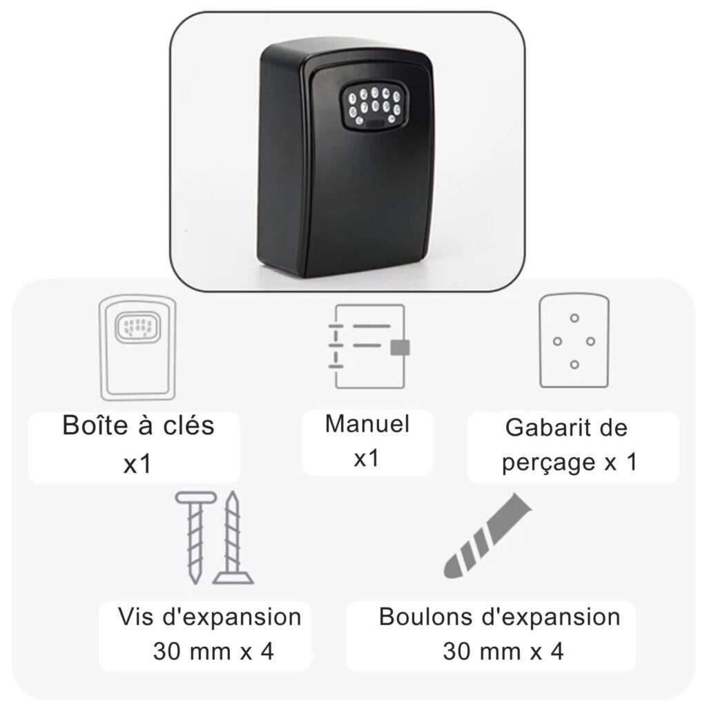 Contenu de la boîte à clés SECUMAX : manuel, gabarit de perçage, vis et boulons d’expansion pour une installation complète et facile.
