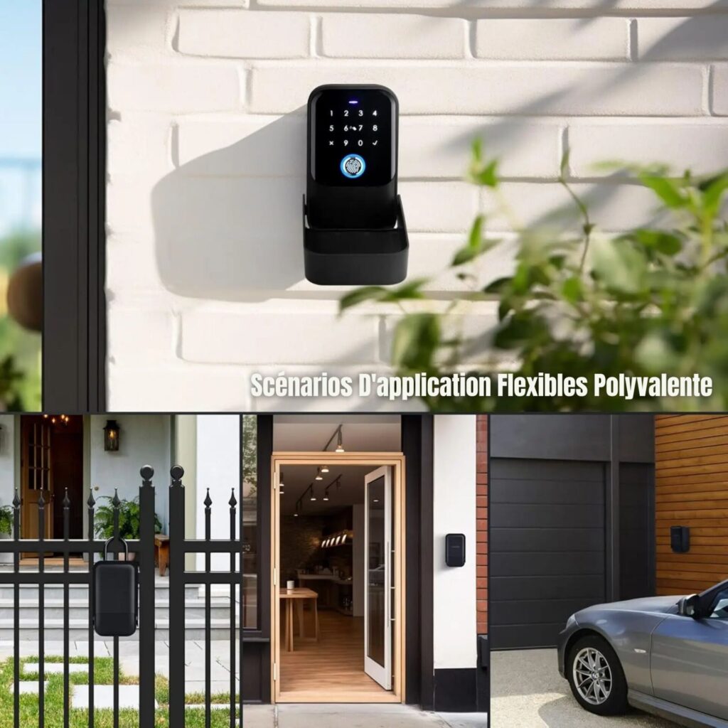 Boîte à clés intelligente SECUMAX installée sur différents emplacements extérieurs, idéale pour portail, entrée de magasin ou garage.