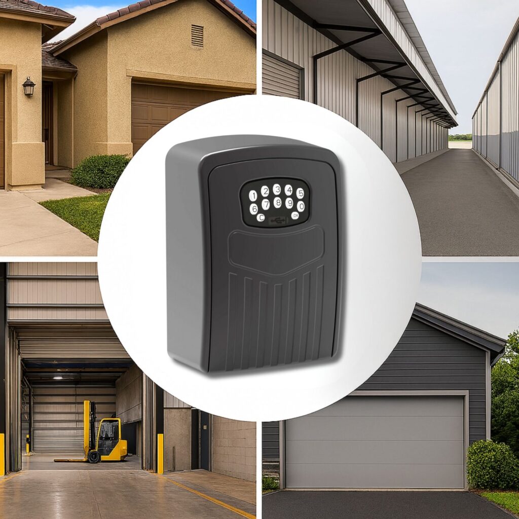 Boîte à clés intelligente SECUMAX adaptée pour garage, entrepôt, portes extérieures et logements avec accès sécurisé par code.