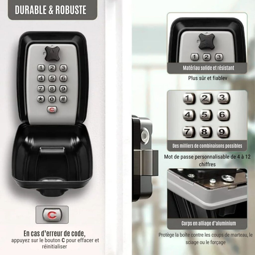 Boîte à clés SECUMAX robuste avec mot de passe personnalisable et coque en alliage d’aluminium anti-effraction.