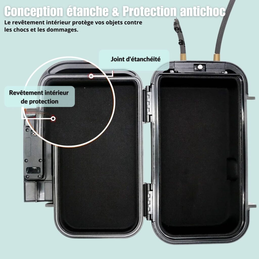 Boîte sécurisée avec revêtement intérieur antichoc et joint d'étanchéité.