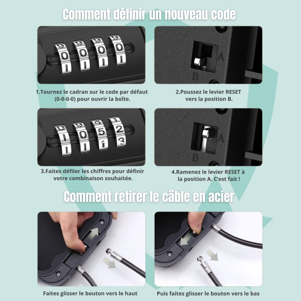 Boîte avec cadenas à code, levier de réinitialisation et câble en acier amovible.