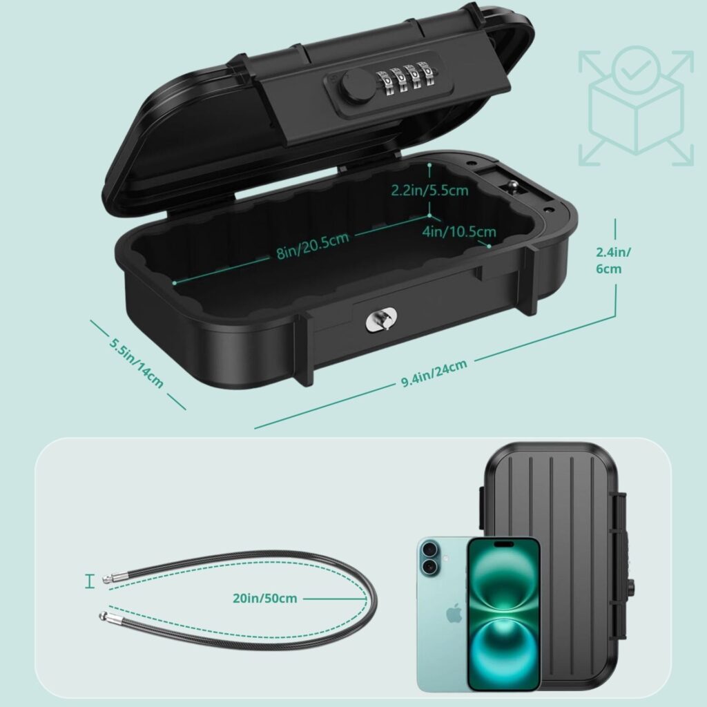 Dimensions internes et externes de la boîte sécurisée avec câble en acier et espace pour smartphone.
