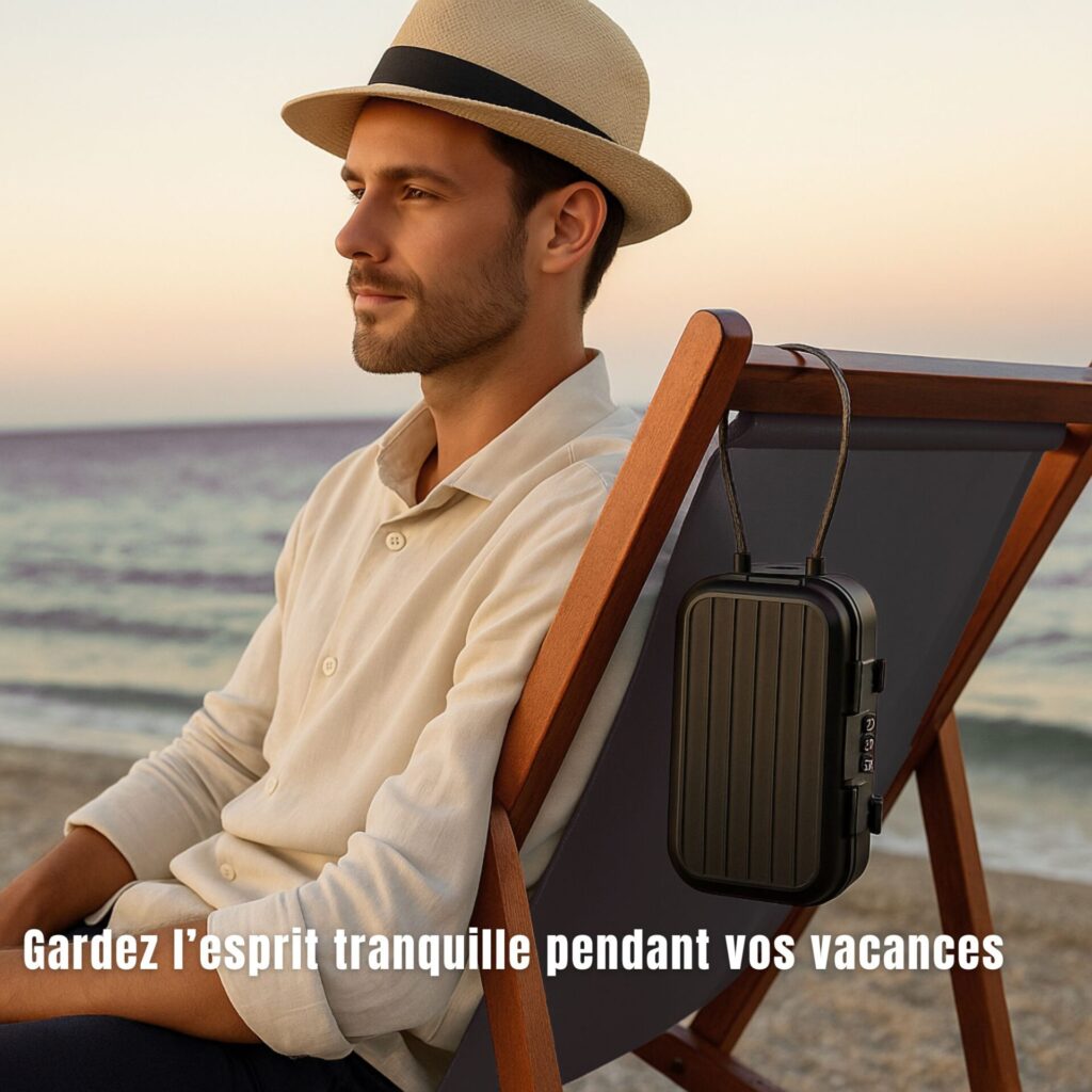 Boîte de sécurité attachée à une chaise de plage, idéale pour protéger vos clés ou objets pendant les vacances.