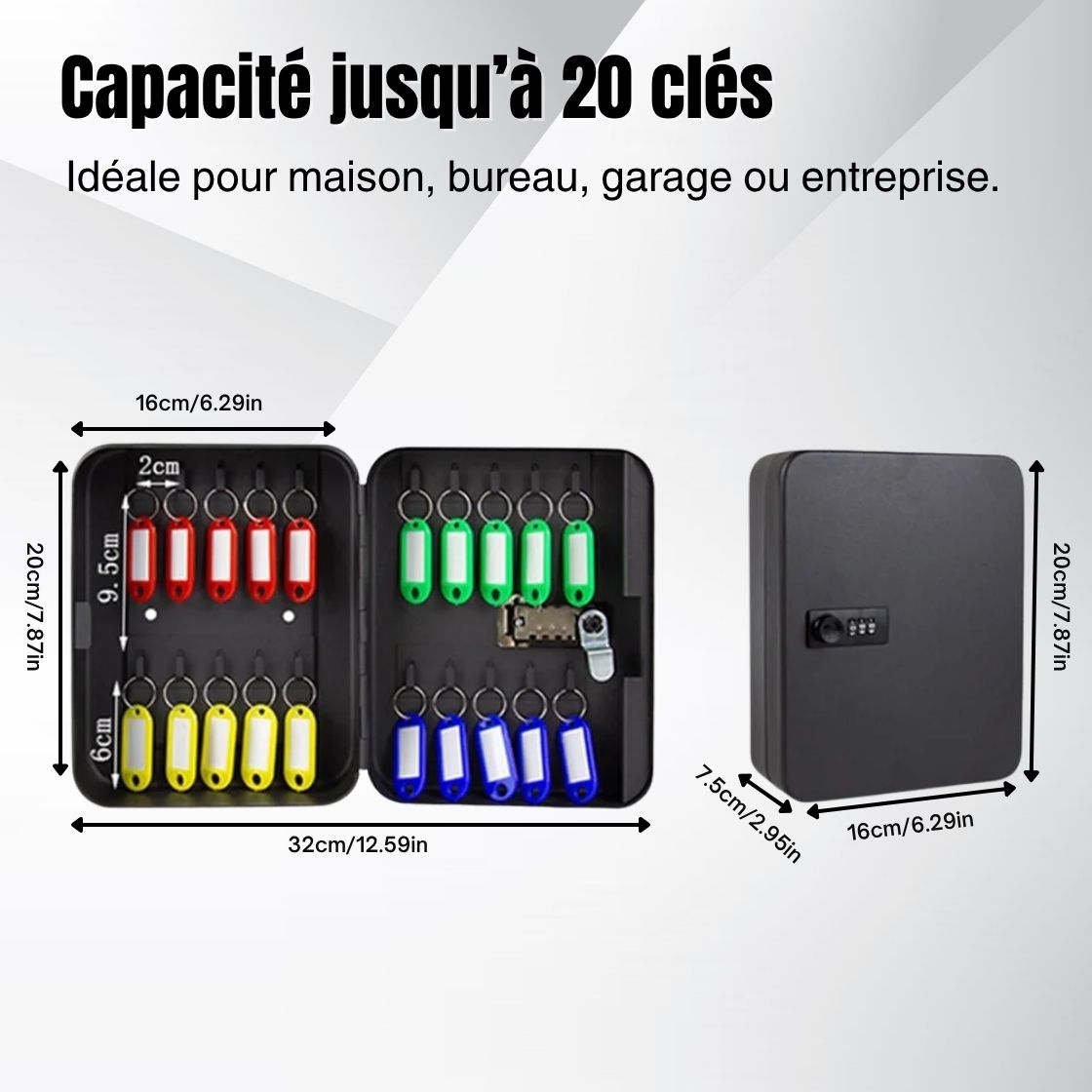 | SécuMax Boîte à clés avec capacité pour 20 clés colorées