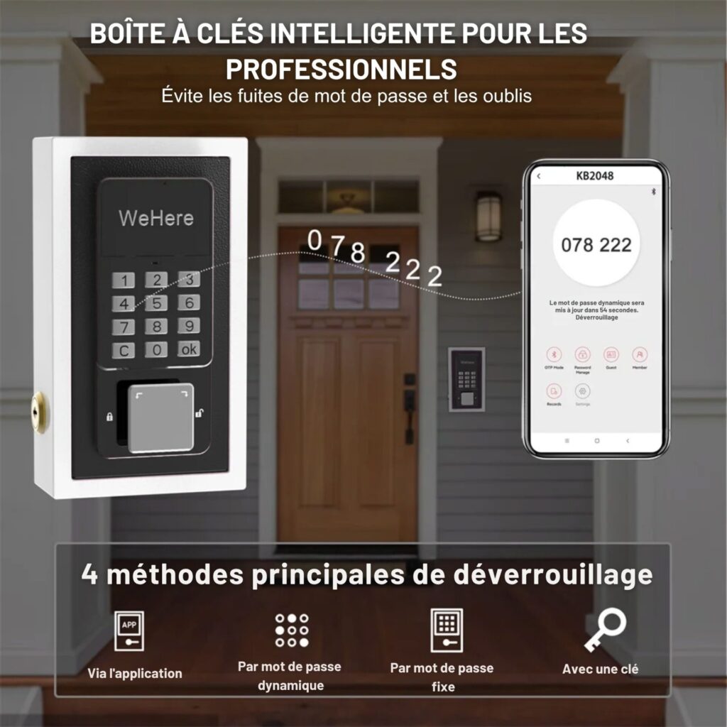 Boîte à clés avec ouverture par app, OTP, code ou clé