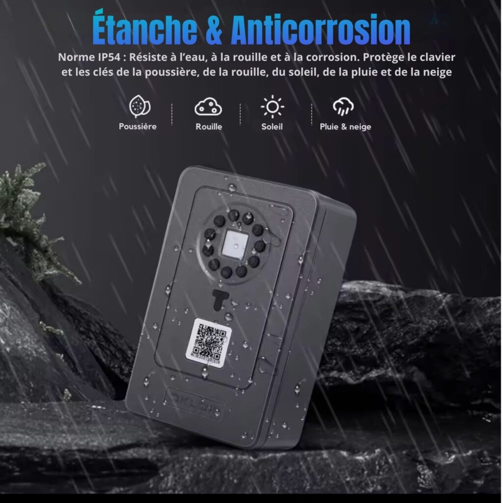 boîte à clés connectée étanche IP54, résistante à la poussière, rouille, soleil, pluie et neige.