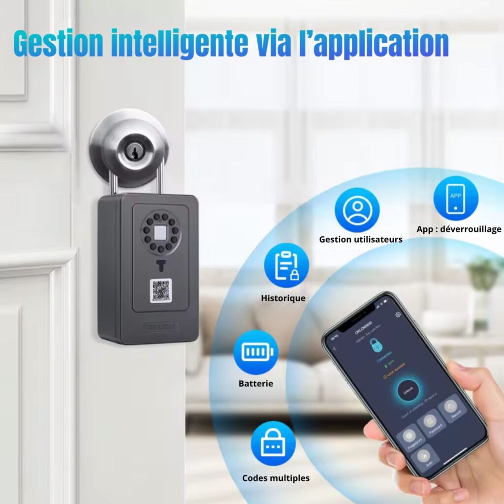 Boîte à clés connectée avec gestion intelligente via l’application mobile, historique, batterie, codes multiples et utilisateurs.