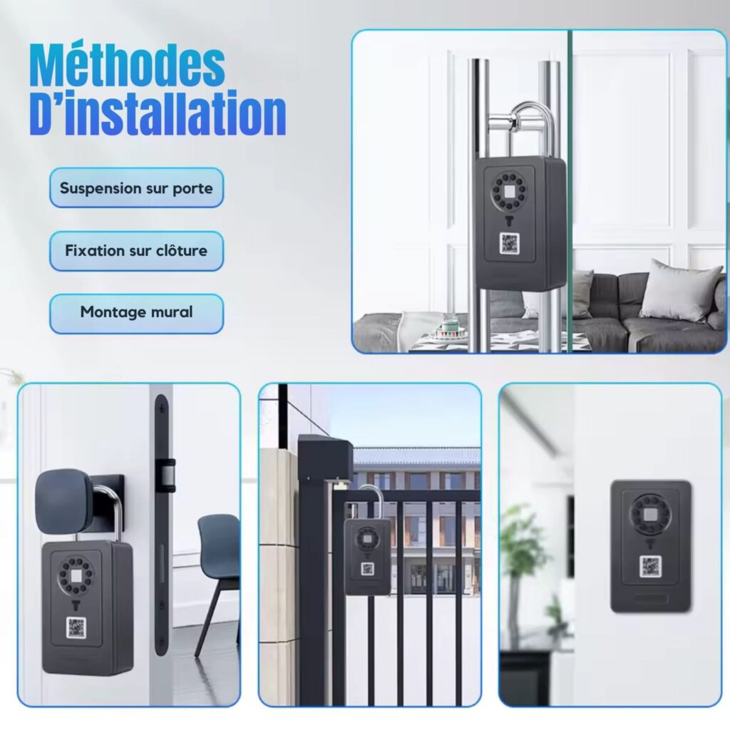 Boîte à clés intelligente avec installation flexible : suspension sur porte, fixation sur clôture ou montage mural.