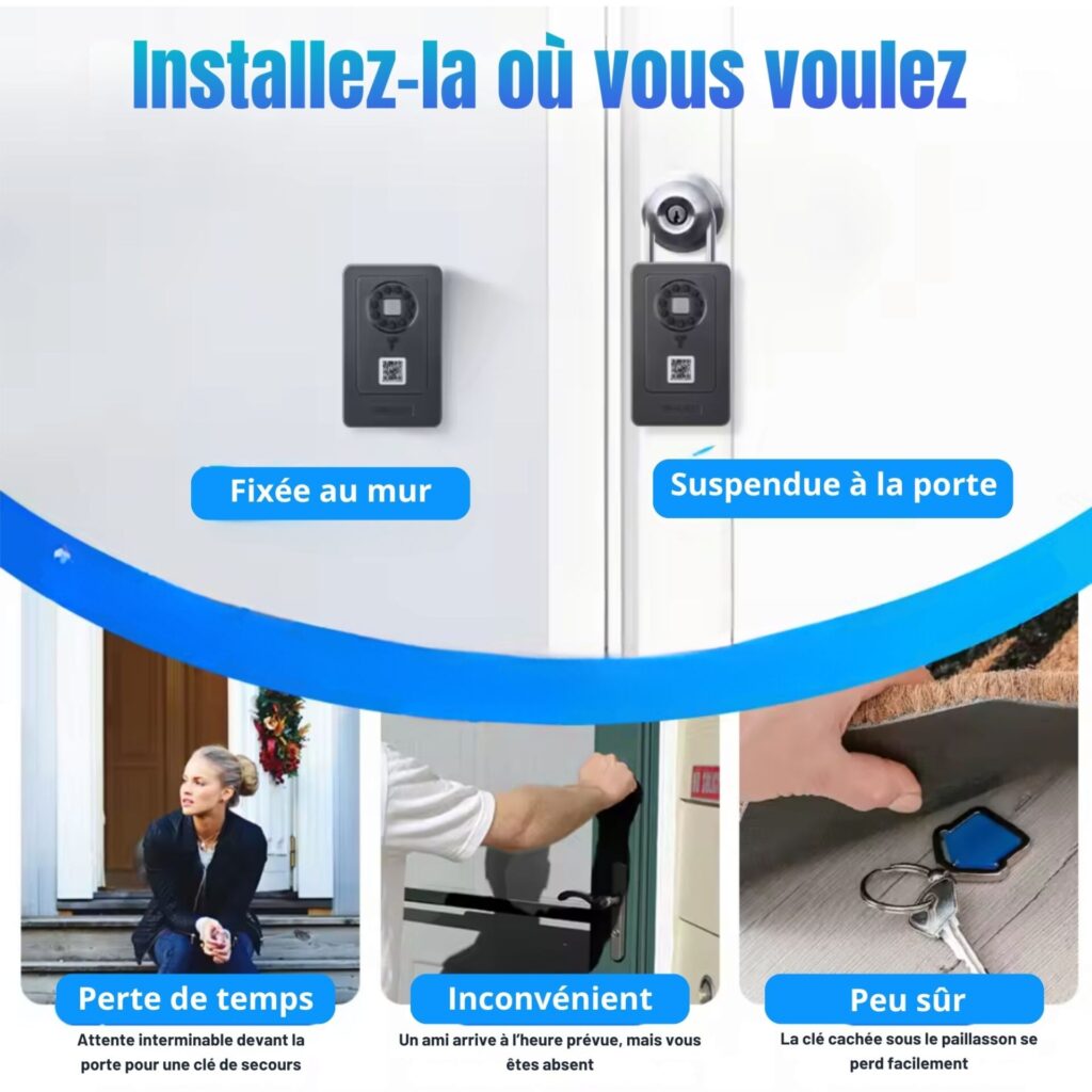 Boîte à clés connectée fixée au mur ou suspendue à la porte, solution sûre face aux méthodes classiques.