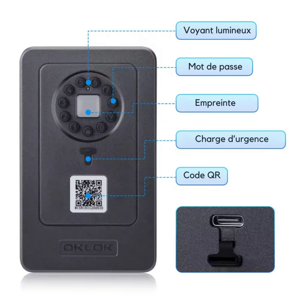 Boîte à clés intelligente avec empreinte digitale, mot de passe, voyant lumineux, QR code et port de charge d'urgence.