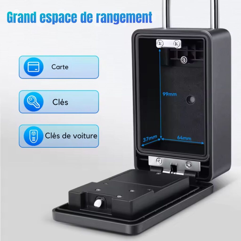 Boîte à clés intelligente avec grand espace de rangement pour cartes, clés classiques et clés de voiture.