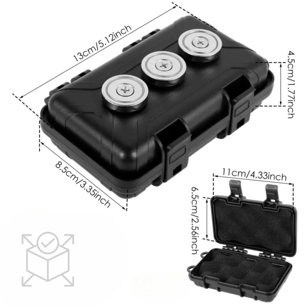 Boîte aimantée compacte avec dimensions et mousse protectrice