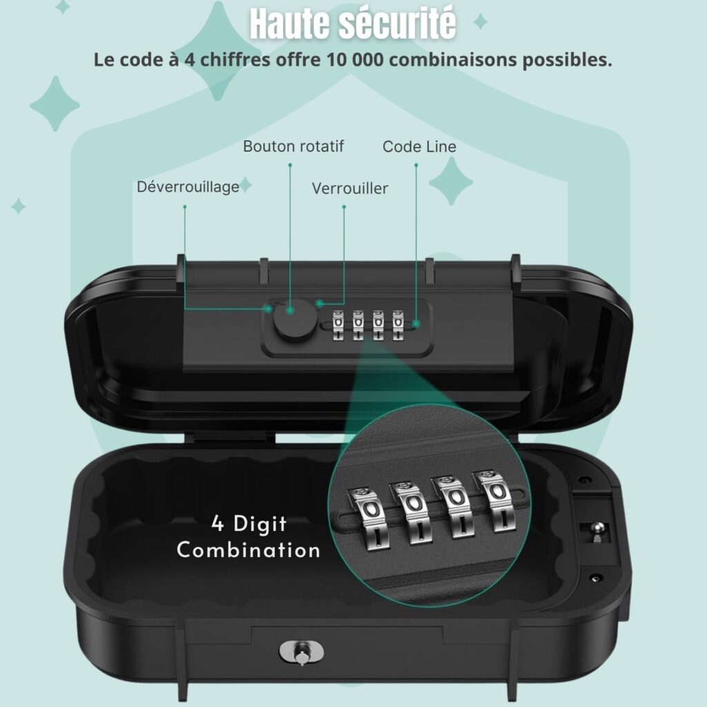 Boîte sécurisée avec combinaison à 4 chiffres et bouton rotatif pour verrouillage fiable.